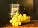 a painting of a bunch of grapes on a table