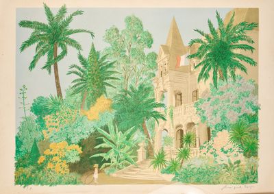 un tableau représentant un château au milieu d'un jardin