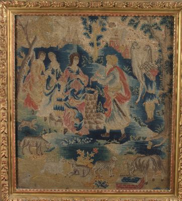 une tapisserie ancienne représentant une femme et deux hommes
