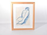dessin en bleu et blanc représentant un nu féminin, dans un cadre en bois