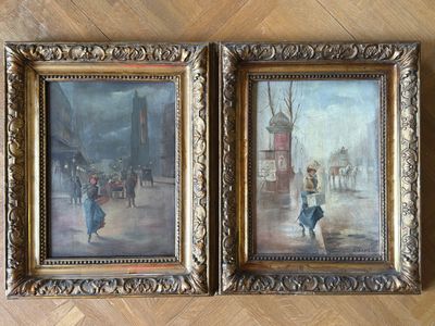 deux tableaux représentant un couple marchant dans une rue
