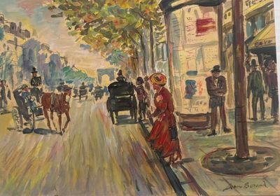 a painting of a woman walking down the street with a horse drawn carriage