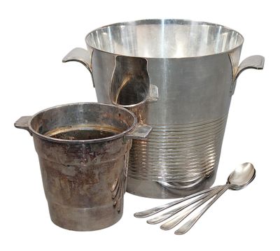 a silver bucket and a cup with spoons next to it