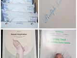 plusieurs photos d'un bébé allongé dans un lit à côté d'une boîte de lingettes pour bébé