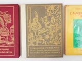 Trois livres sont alignés sur une surface blanche ; l'un est rouge et l'autre est jaune.