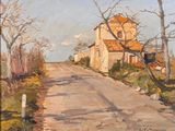painting of a country road with a house and trees in the background