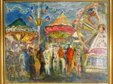 une peinture à l'huile représentant une scène de carnaval avec une grande roue en arrière-plan