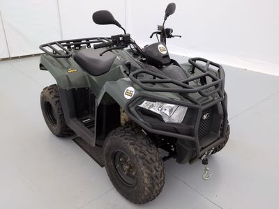 une photo d'un quad vert garé dans un garage