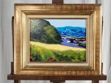 une peinture à l'huile représentant un paysage avec un pont enjambant une rivière