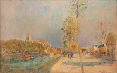une image représentant un tableau où l'on voit une rue, une rivière et des bâtiments
