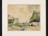 a watercolor painting of a landscape with people sitting on the ground