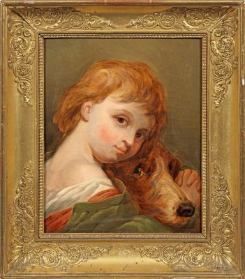 une image représentant un tableau où l'on voit une jeune fille tenant un chien dans ses bras