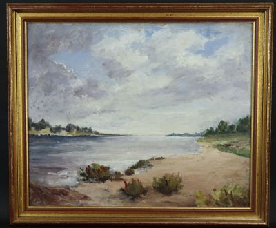 École XXe: "L'estuaire depuis la plage", huile sur panneau.