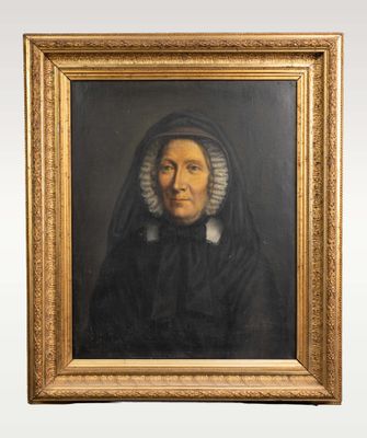 un tableau représentant une femme en robe noire et coiffe