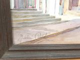a painting of a cat sitting on the steps of a building