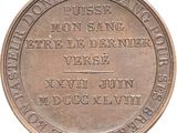 an old bronze coin with the names of people on it