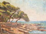 un tableau représentant des arbres au bord de l'océan