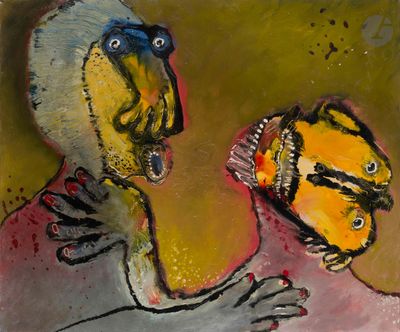 un tableau représentant un homme tenant un poisson dans la main