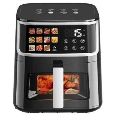 a black and silver air fryer sitting on top of a counter