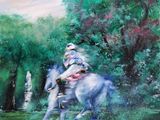 un tableau représentant un homme à cheval dans l'herbe