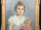 painting of a young girl holding a doll in a gold frame