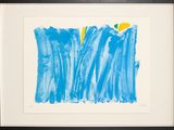peinture abstraite bleue et jaune dans un cadre noir accrochée à un mur blanc