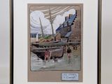 peinture d'un bateau sur un plan d'eau avec un bâtiment en arrière-plan
