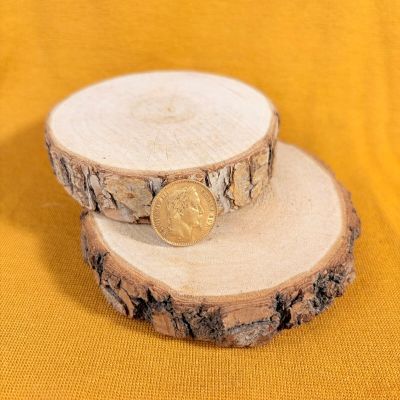 two slices of wood with a coin on them