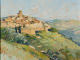 an oil painting of a village on a hill with hills in the background