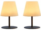 pair of table lamps with white lampshads on black bases
