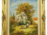 un tableau représentant une femme assise sur un banc sous un arbre