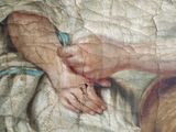 a close up of a painting of a woman holding a baby