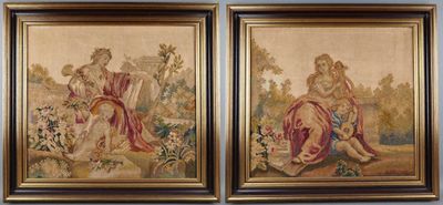two framed paintings of a woman and a child in a garden