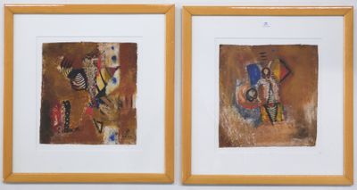two framed paintings of a man and a woman on a wall