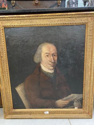 painting of a man in a brown coat holding a book