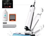 an image of a white and black vacuum cleaner with a blue light