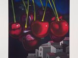 painting of a bunch of cherries hanging from a tree in a city