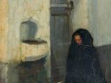 painting of a woman in a black dress sitting on the ground