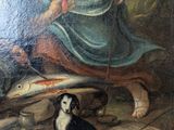 painting of a woman and a dog in a wooded setting