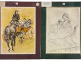 deux dessins représentant un homme à cheval et une femme dans une calèche