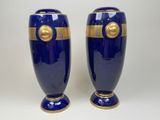pair of blue vases with gold accents on a white background