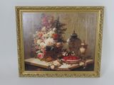 tableau représentant un vase de fleurs posé sur une table, à côté d'un autre vase de fleurs