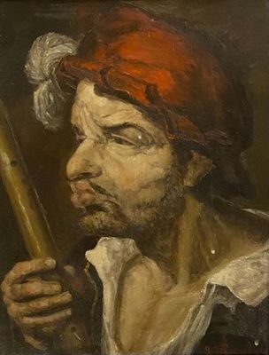 une peinture à l'huile représentant un homme tenant un bâton à la main