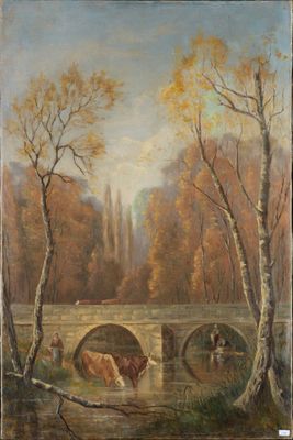 tableau représentant une scène fluviale avec du bétail traversant un pont
