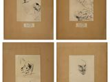 quatre dessins encadrés représentant le visage d'une femme et la tête d'un homme
