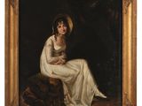 a painting of a woman in a white dress sitting on a rock