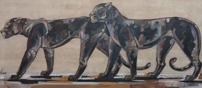 a painting of two lions on the side of a building