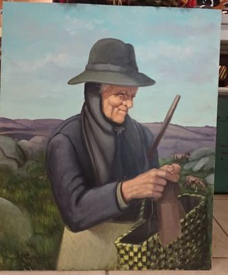 painting of an old woman with a hat holding a basket of flowers