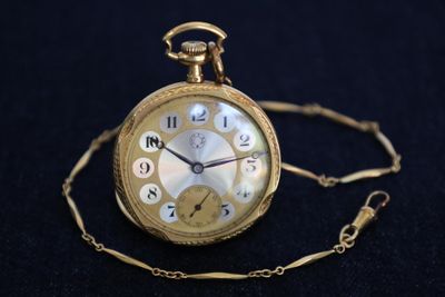 a gold pocket watch on a chain on a black background