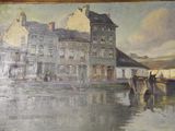 a painting on the wall of a building with a boat in front of it